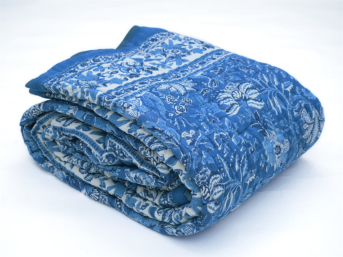 Floral Design Blue Cotton Double Quilt