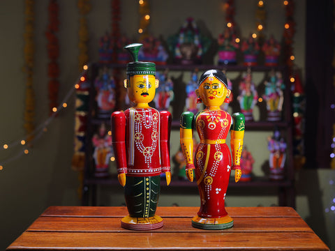 Handpainted Wooden Traditional Color Full Couple Dolls Channapatna Toys For Kids Set Of 2