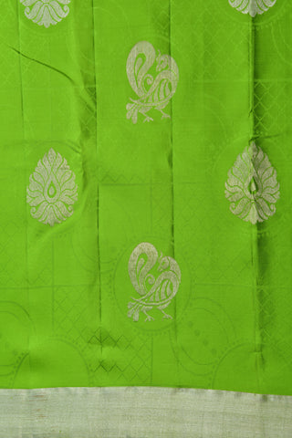 Peacock Motif Silver Zari Parrot Green Kanchipuram Silk Saree