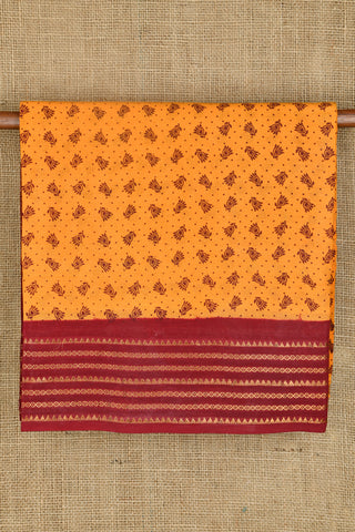 Contrast Zari Stripes Border With Floral Printed Yellow Sungudi Cotton Saree