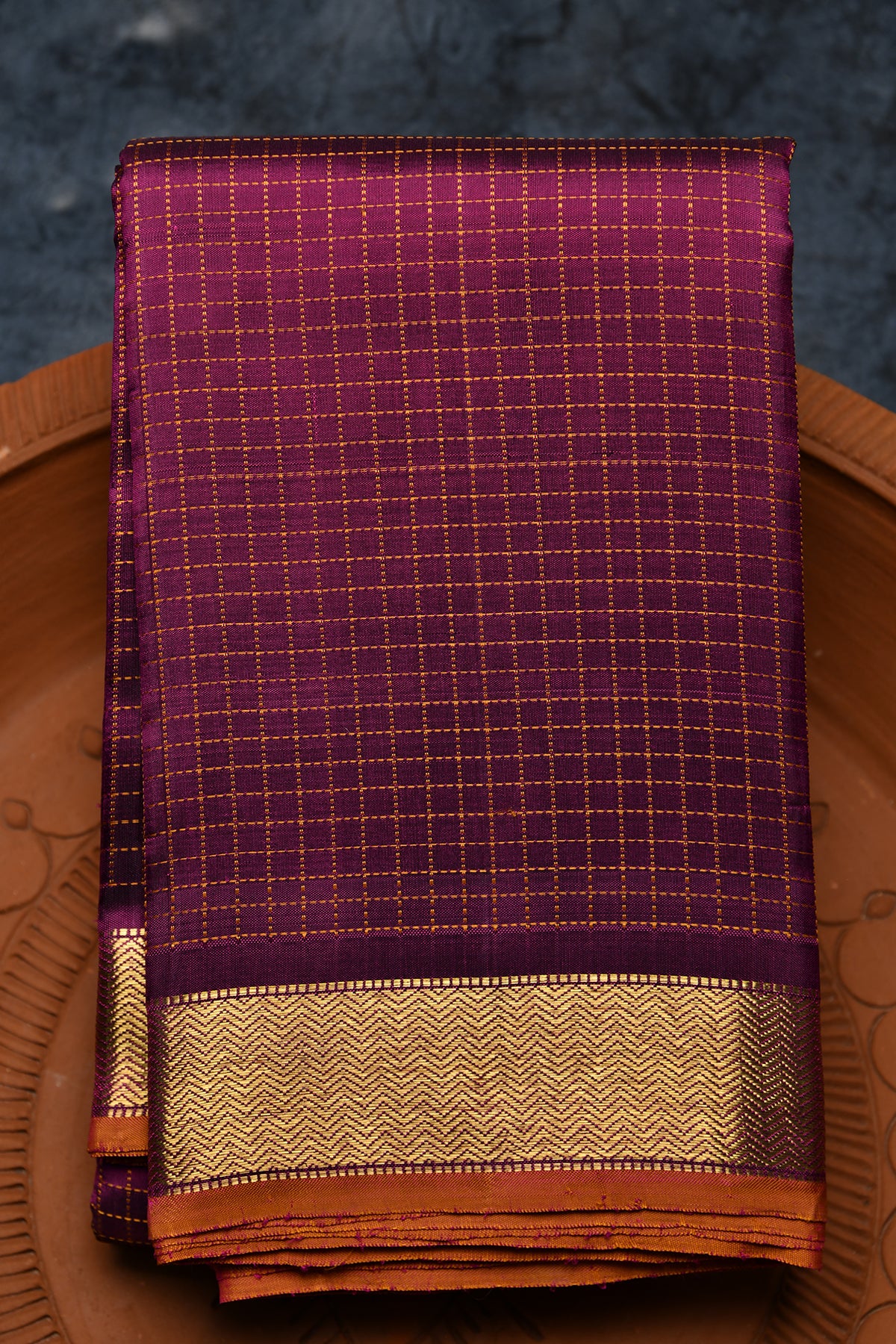 Chevron Zari Border With Thread Work Checks Burgundy Purple Kanchipuram Silk Saree