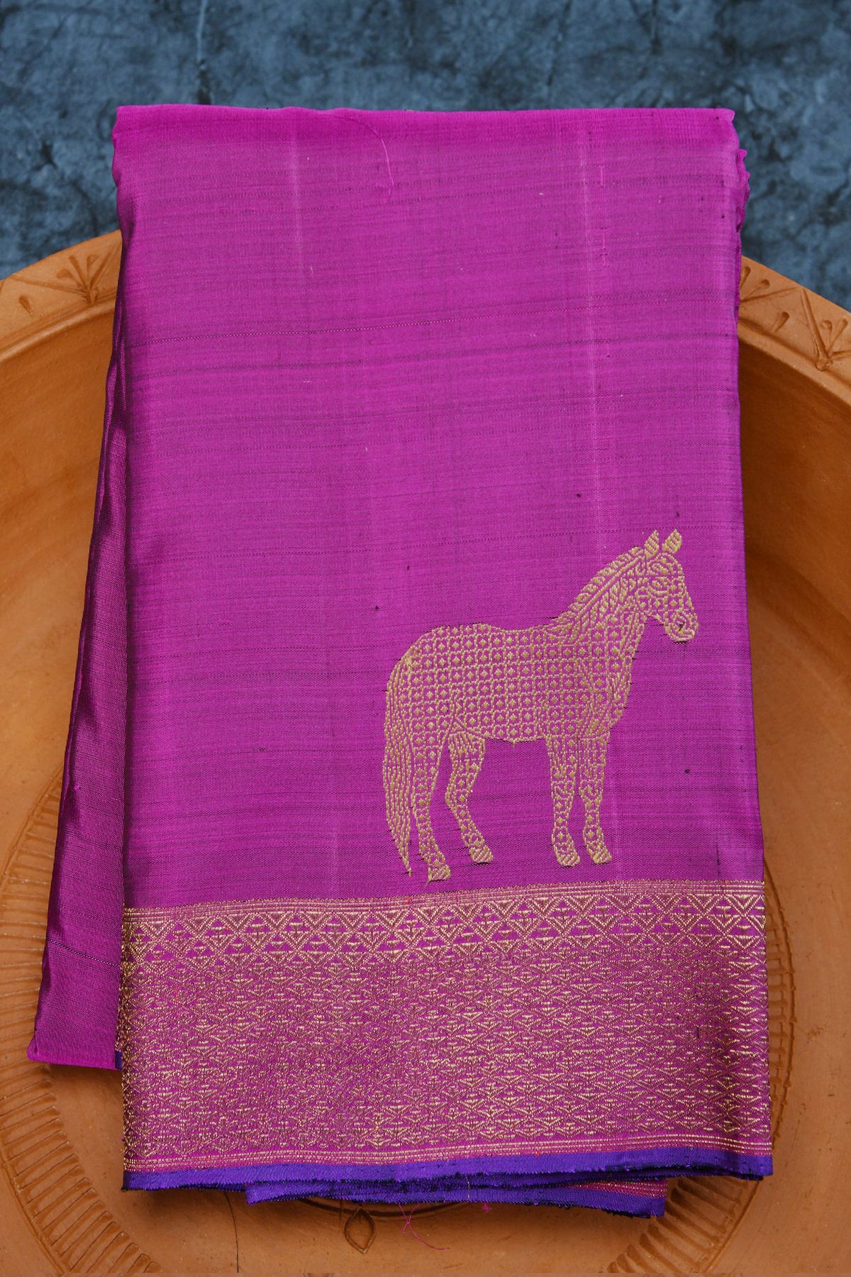Horse And Camel Motif Purple Kanchipuram Silk Saree