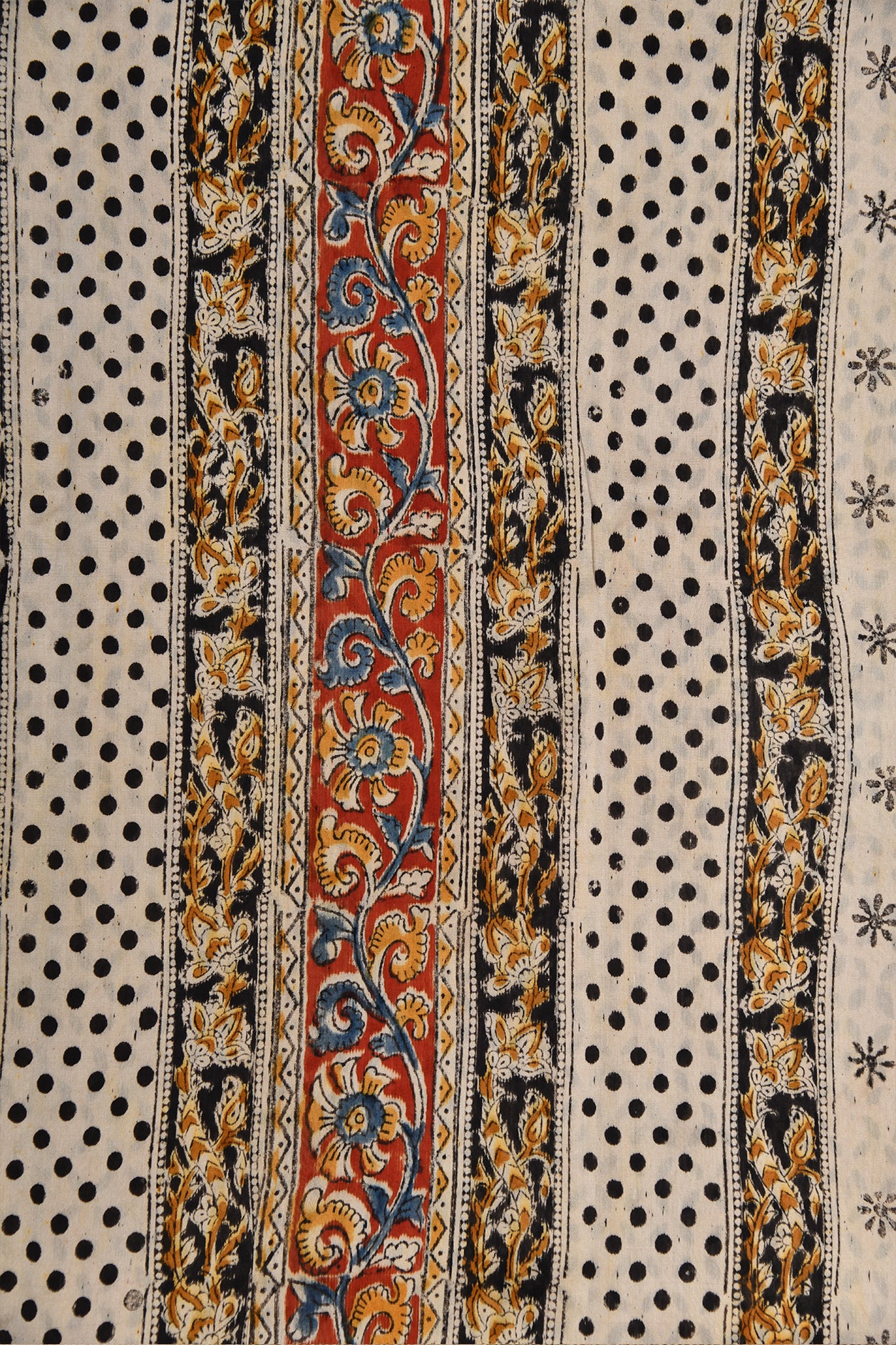 Polka Dots And Peacock Printed Ivory Kalamkari Cotton Saree