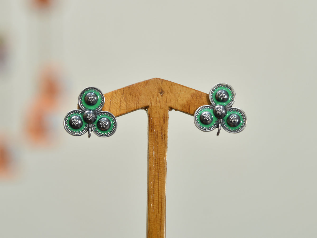 Rava Work With Green Enamel Oxidised Pure Silver Stud Earrings