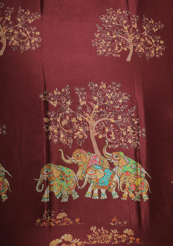 Elephant Design Digital Printed Maroon Satin Saree