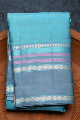 Thread Work Rudraksh Border In Stripes Teal Blue Kanchipuram Silk Saree
