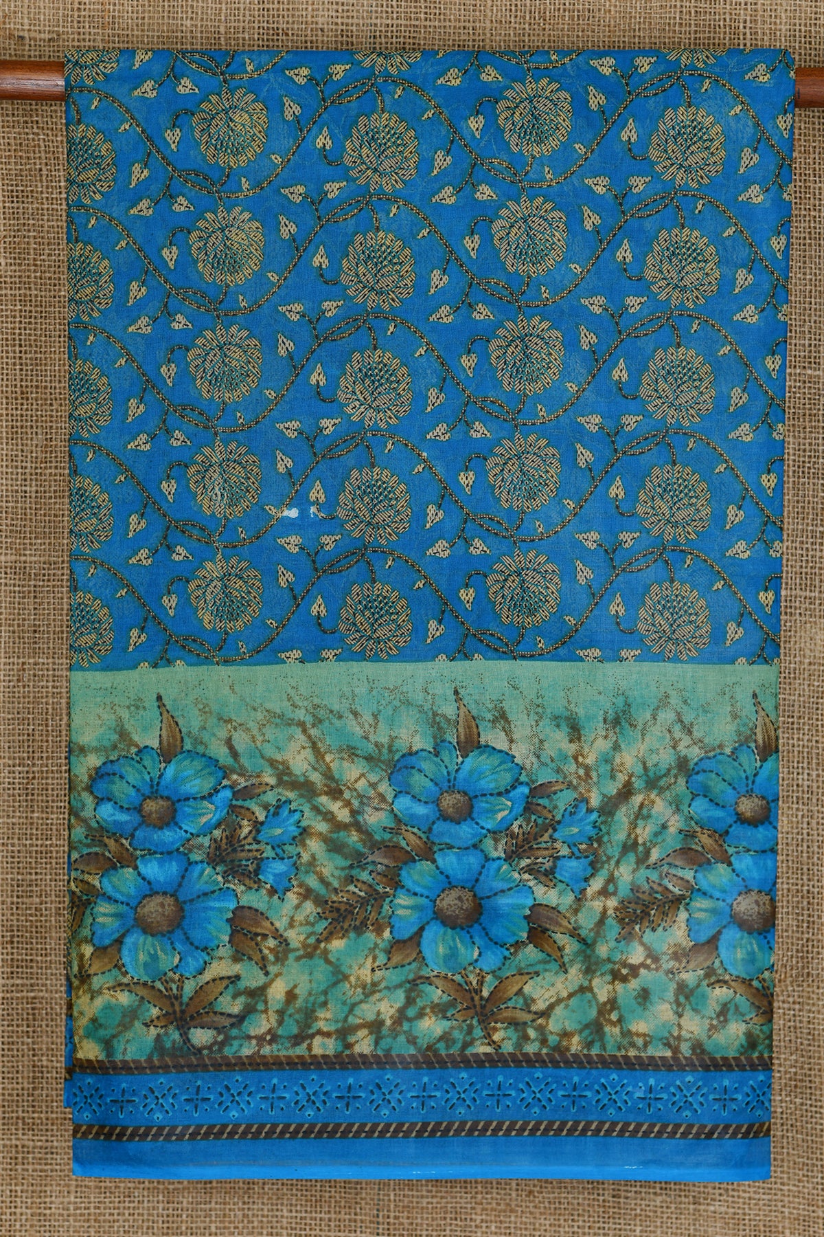 Floral Printed Azure Blue Ahmedabad Cotton Saree