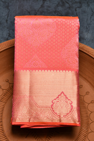 Traditional Big Border Leaf Design Motif Peach Pink Kanchipuram Silk Saree