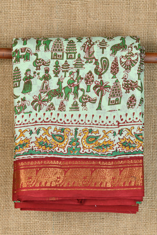 Traditional Zari Elephant Border Animal Motifs Printed Pastel Green Hyderabad Cotton Saree