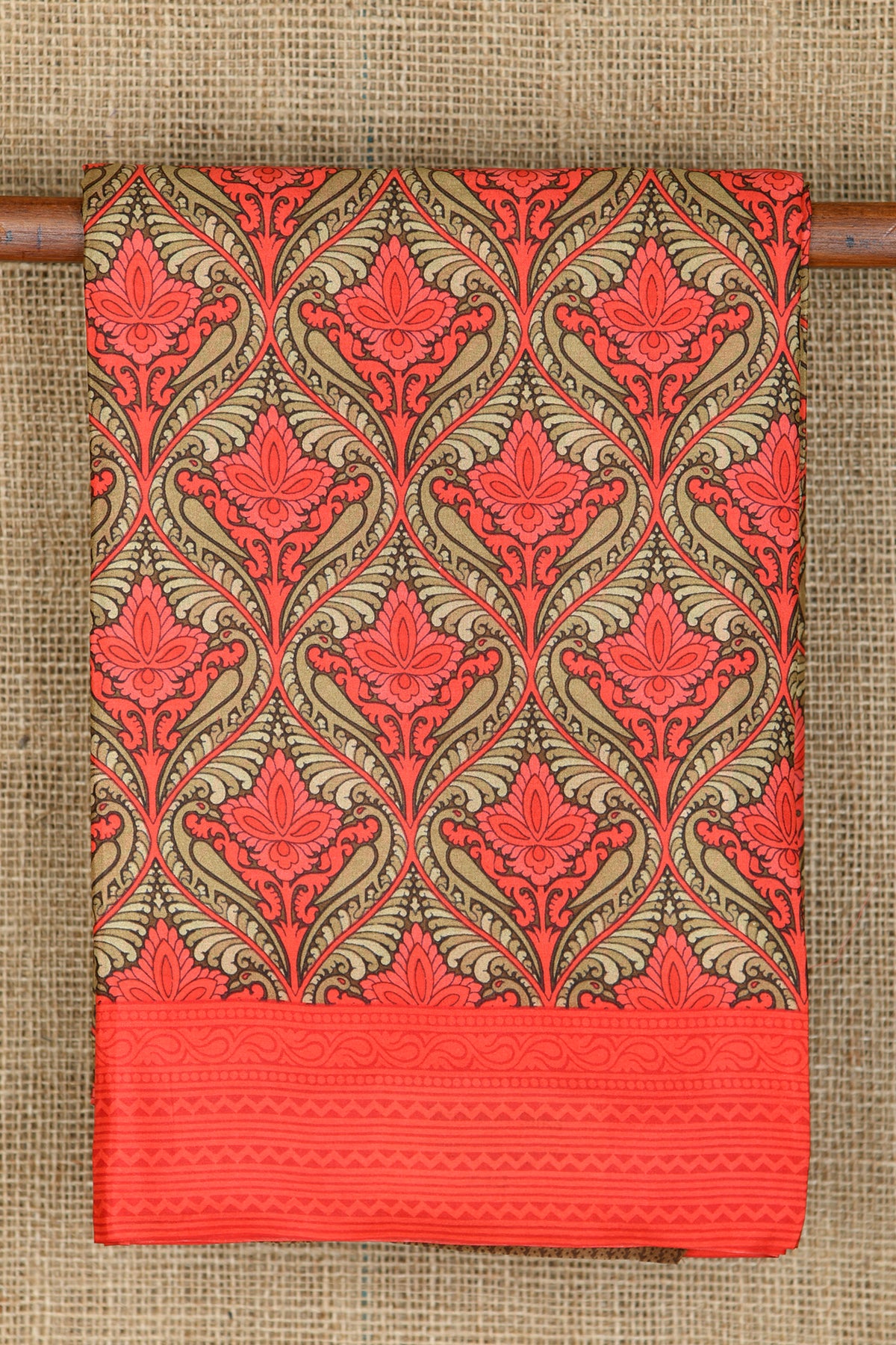 Ogee Pattern Candy Red And Light Brown Printed Silk Saree