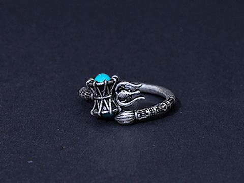 Shiva Trishul Oxidised Pure Silver Turquoise Ring