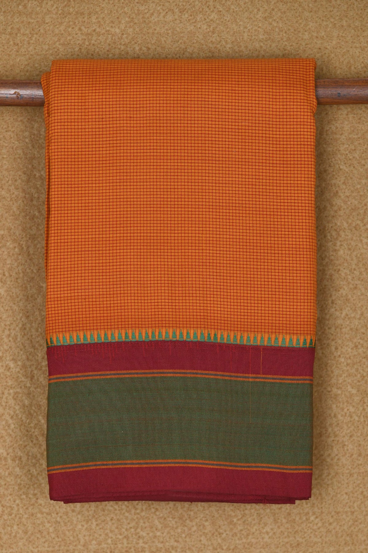 Contrast Temple Border In Small Checks Marigold Orange Semi Dharwad Cotton Saree