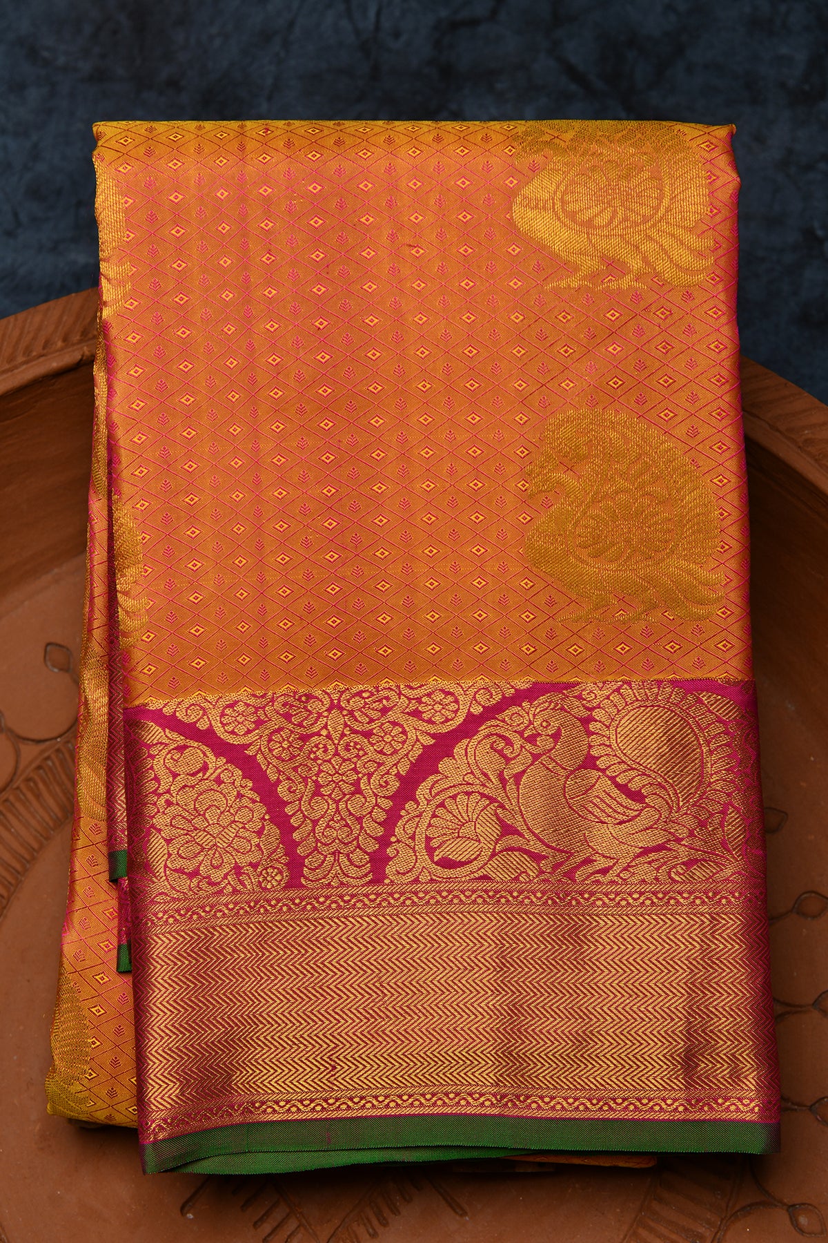 Traditional Border Paisley With Peacock Butta Mustard Yellow Kanchipuram Silk Saree