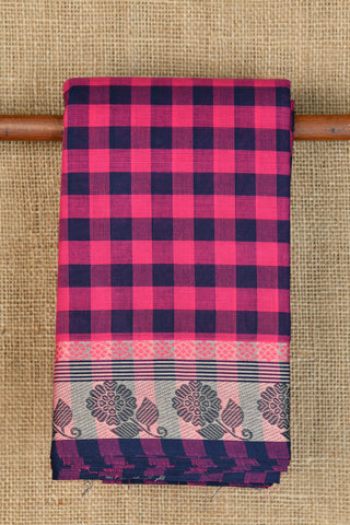 Thread Work Flower Border With Checks Hot Pink and Black Chettinadu Cotton Saree