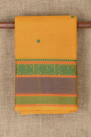 Thread Work Peacock Border With Bindi Buttis Mango Yellow Chettinad Cotton Saree
