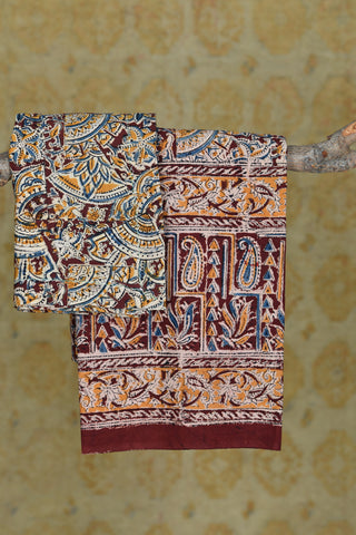 Maroon With Mustard Yellow And Blue Kalamkari Printed Pure Cotton Single Bedspread With Pillowcase