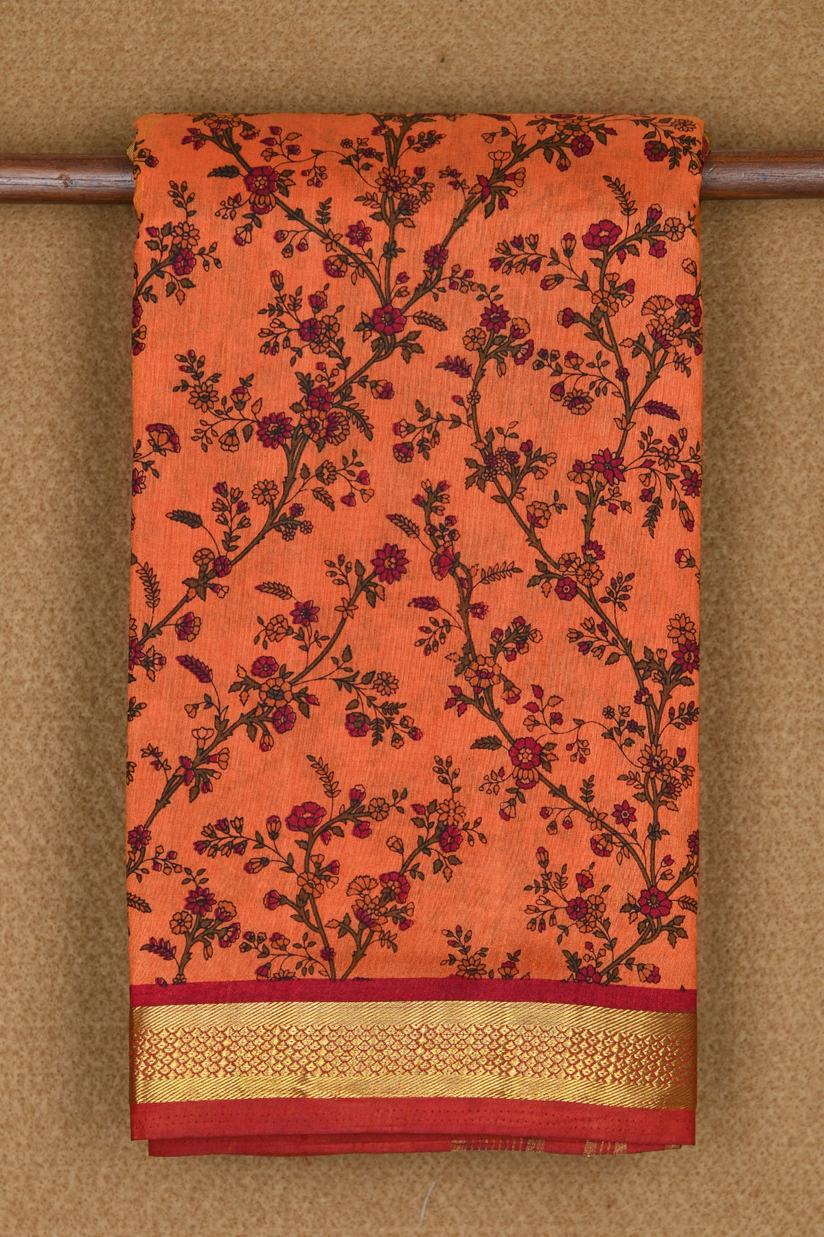 Digital Printed Floral Creepers Design Orange Semi Raw Silk Saree