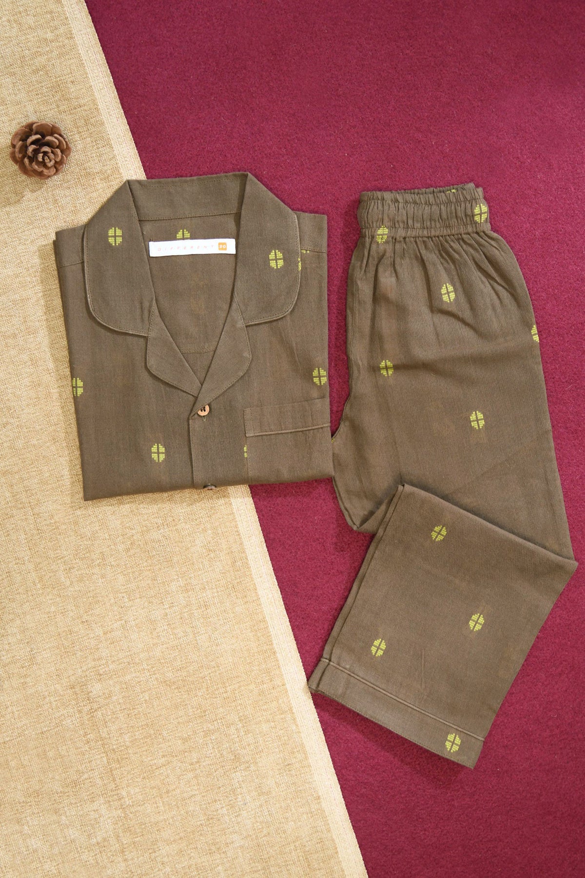 Camp Collar Shirt And Pant Set Kids Night Suit In Taupe Grey Dobby Cotton