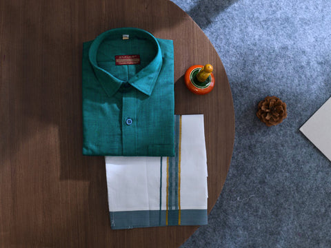 Regular Collar Peacock Blue Cotton Shirt With Velcro Dhoti Set