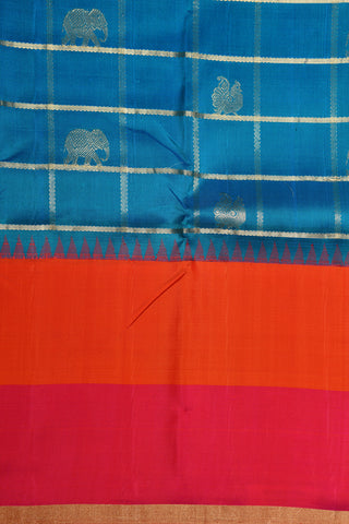 Contrast Border With Checks And Animal Motifs Ocean Blue Kanchipuram Silk Saree