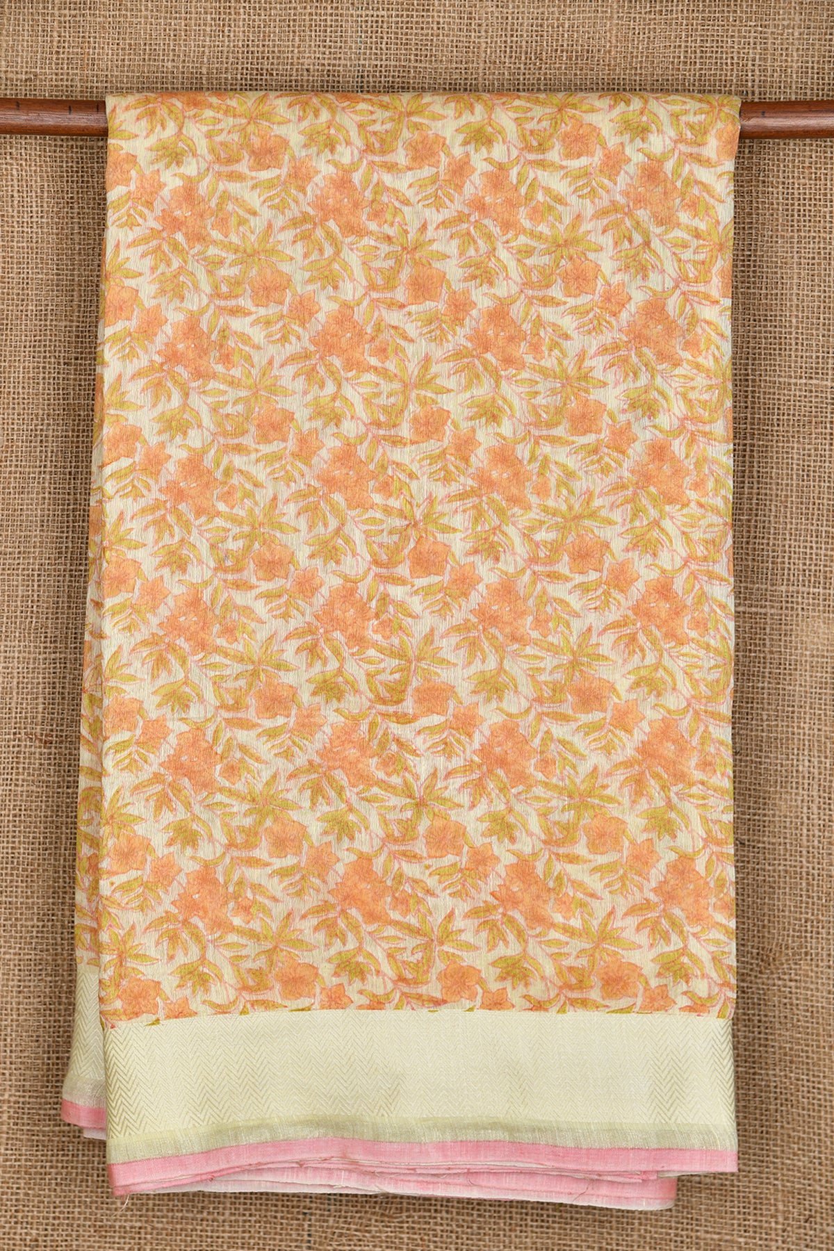 Thread Work Chevron Border With Botanical Digital Printed Cream And Peach Orange Linen Cotton Saree