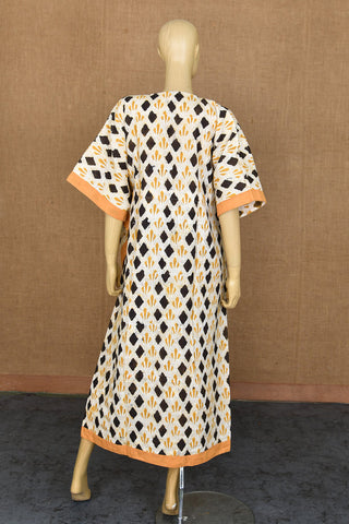 Patch Work U-Neck With Tie-Up Cream And Black Printed Cotton Kaftan