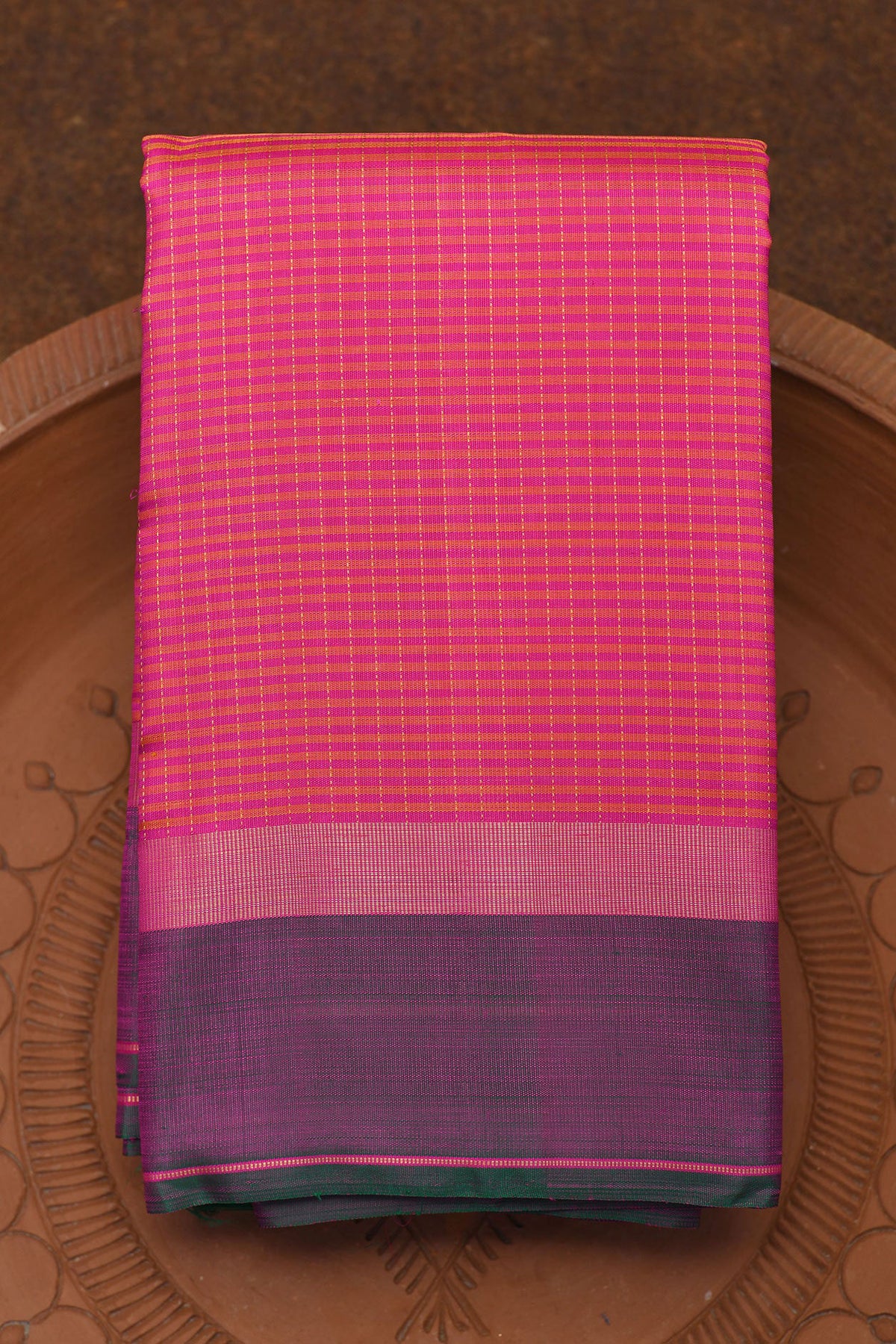 Contrast Muthu Seer Border With Thread Work Stripes Magenta Pink Kanchipuram Silk Saree