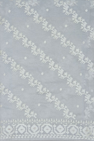 Embroidered Stripes And Dots Grey Organza Saree