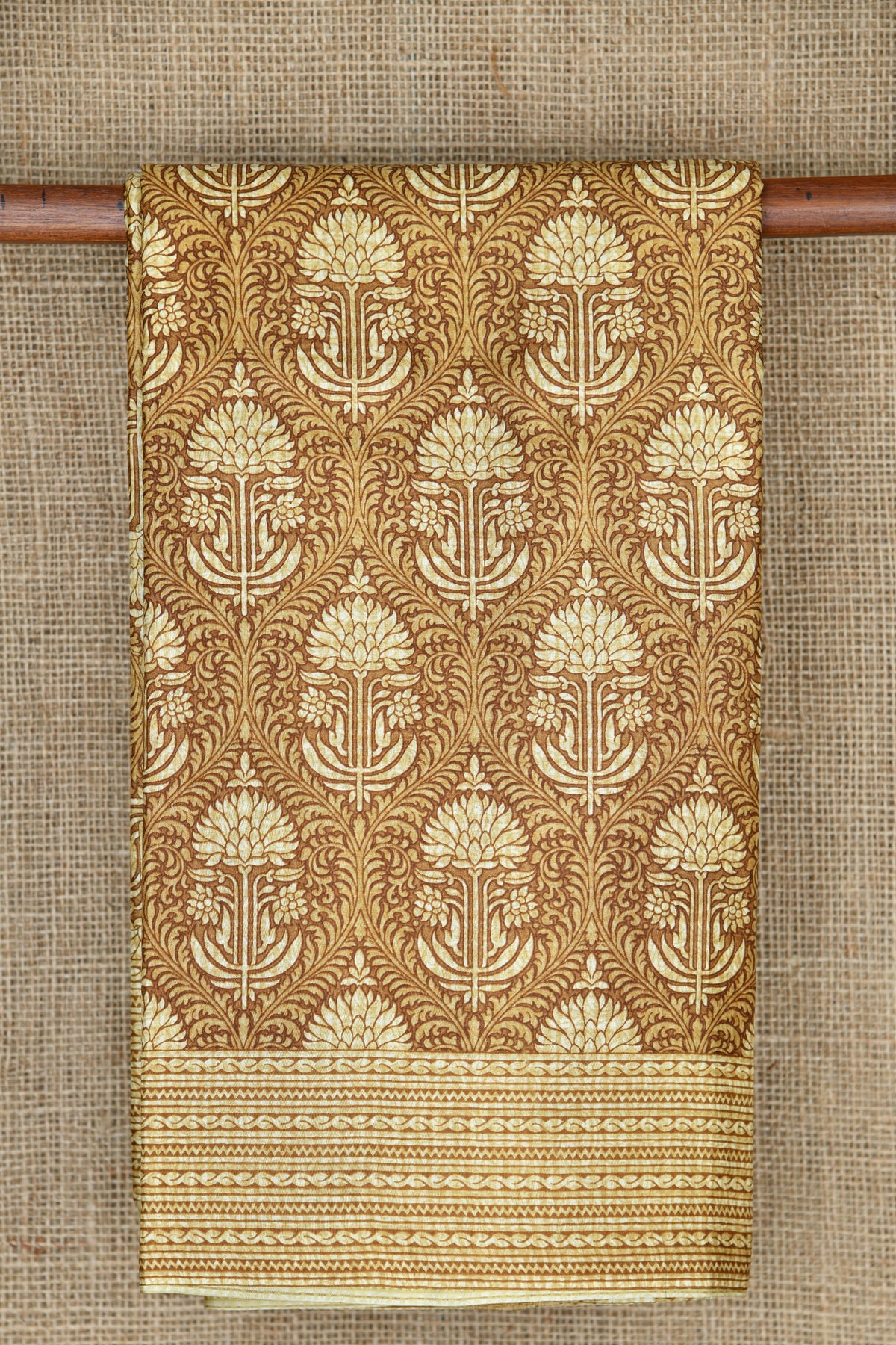 Ogee Pattern With Floral Design Coffee Brown Printed Silk Saree