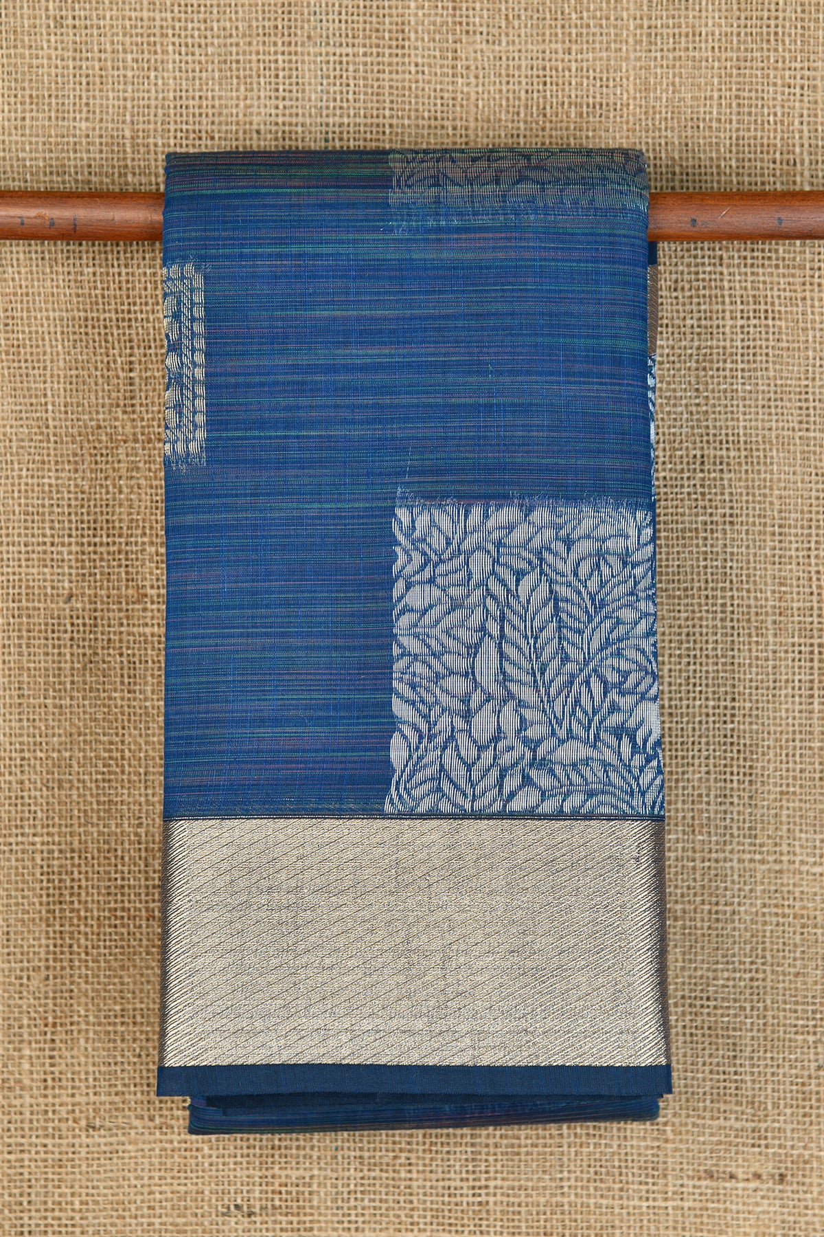 Zari Border With Thread Work Floral Design Body Indigo Blue Kora Silk Cotton Saree