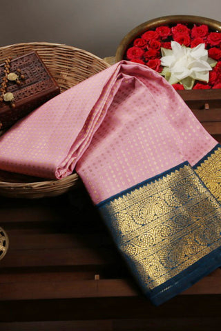 Contrast Border Zari Dotted Design Rose Pink Kanchipuram Silk Saree