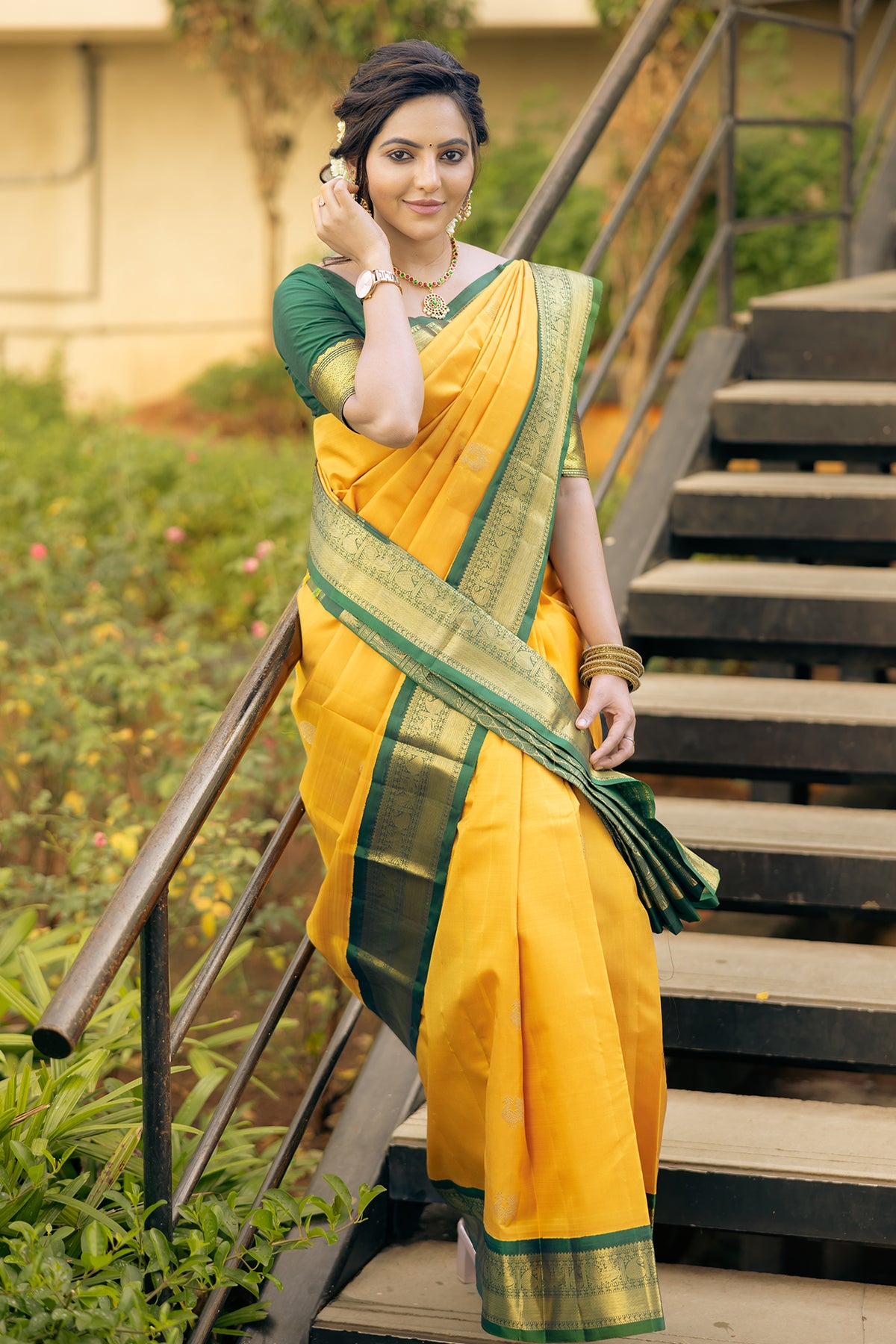 Peacock Chakram Motifs Mustard Yellow Kanchipuram Silk Saree