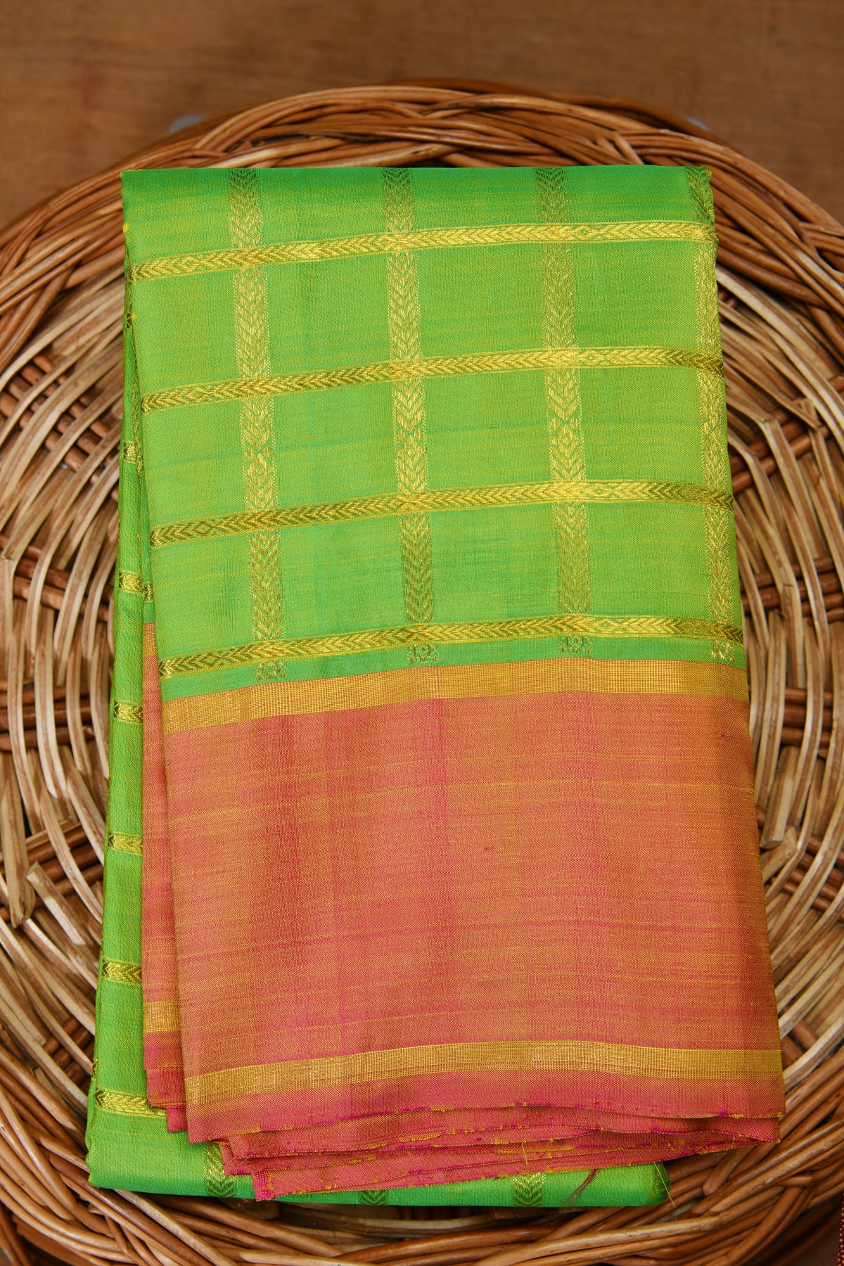Zari Checks Leaf Green Kanchipuram Silk Saree