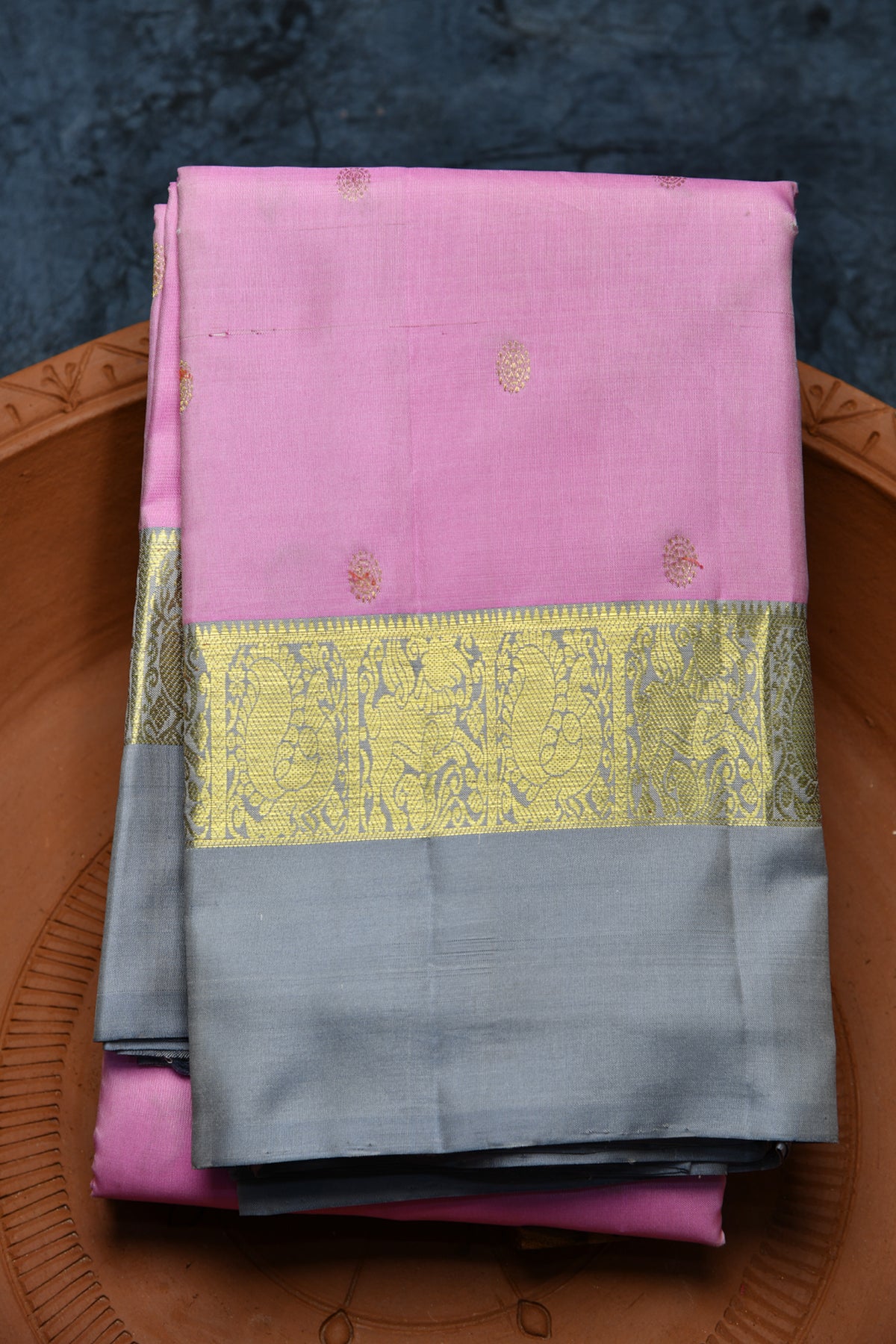 Rudraksha Buttis Rose Pink Kanchipuram Silk Saree