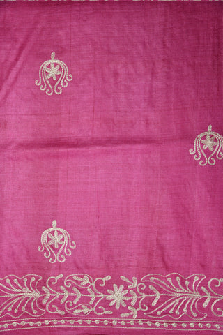 Embroidered Floral Motif Punch Pink Tussar Saree