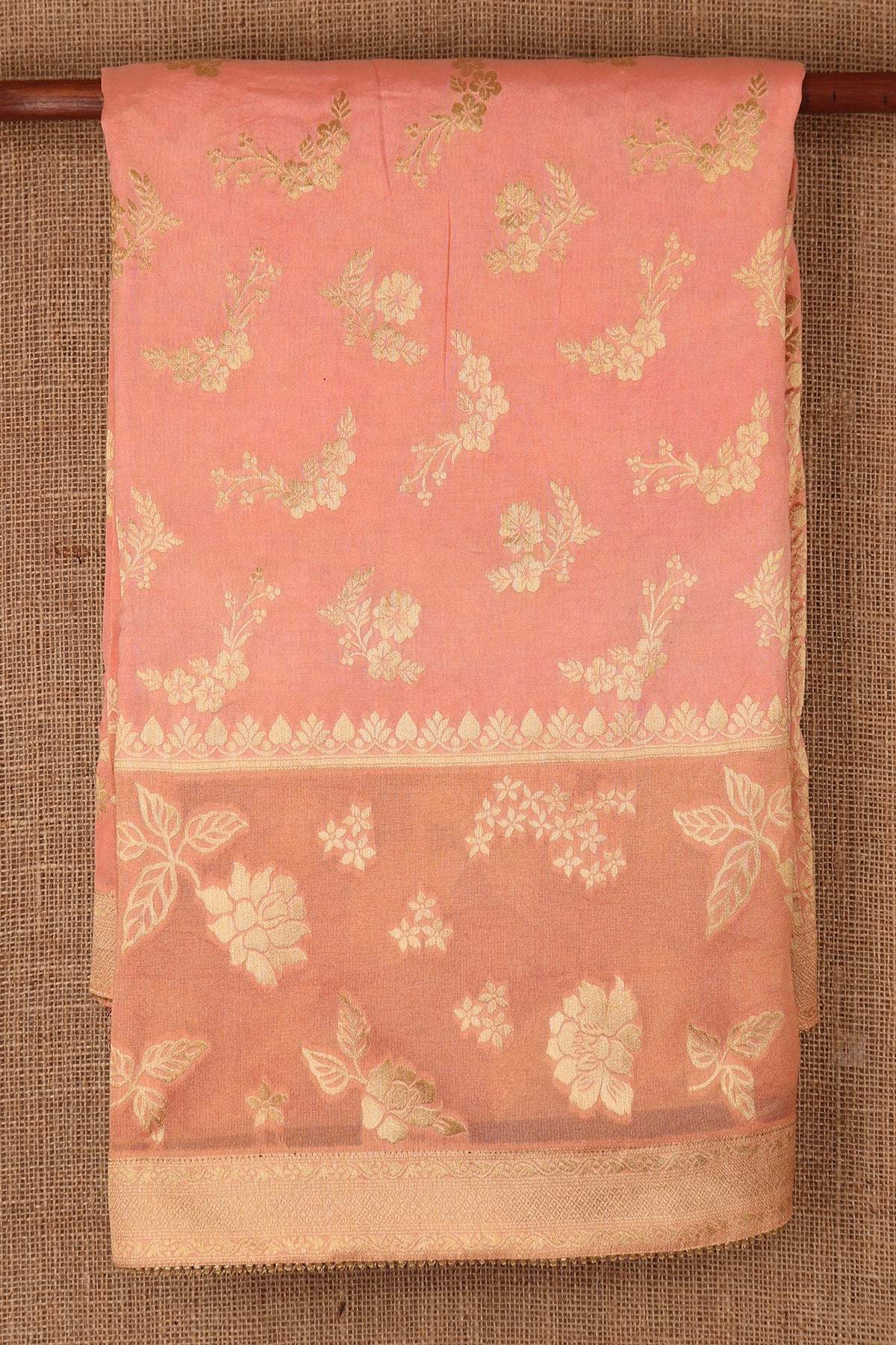 Floral Motif With Light Peach Pink Banaras Georgette Silk Saree