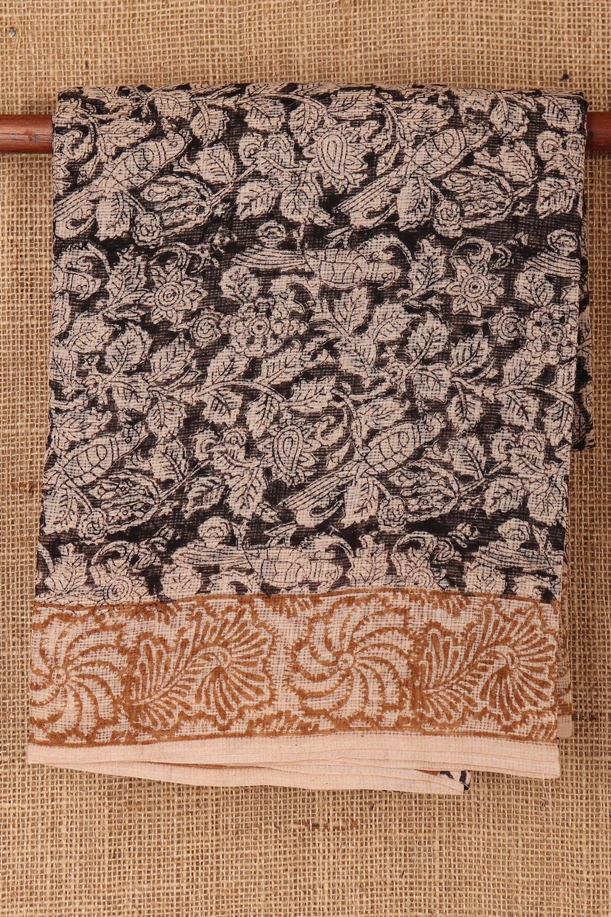 Leaf Design Kalamkari Printed Black Kota Cotton Saree