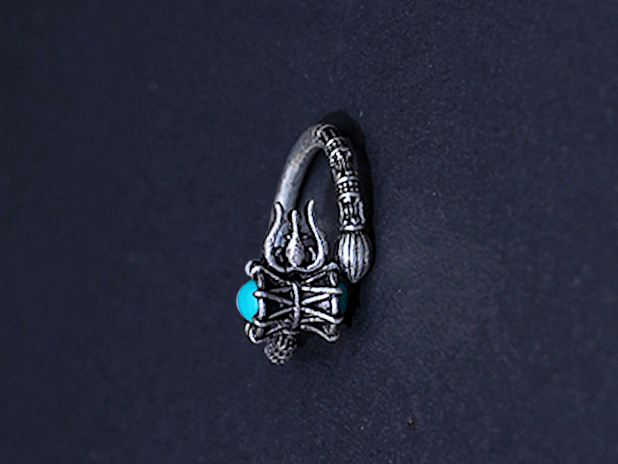 Shiva Trishul Oxidised Pure Silver Turquoise Ring
