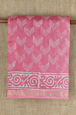 Chevron Border Design Soft Pink Maheswari Silk Cotton Saree