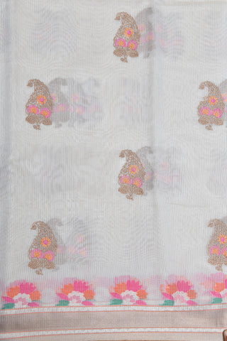 Zari Border With Embroidered Paisley Butta Ivory Semi Banaras Cotton Saree