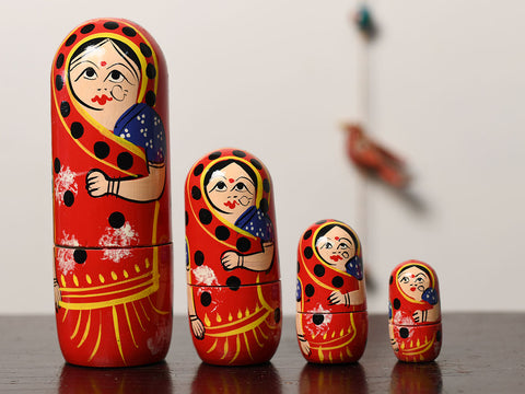 Handcrafted Wooden 4 In 1 Red Doll Set