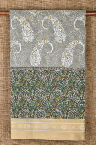 Zari Border With Embroidered Paisley Design Pastel Grey Organza Silk Saree