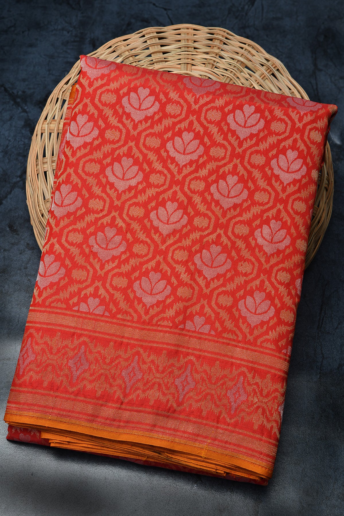 Floral Pattern Reddish Orange Banaras Silk Saree