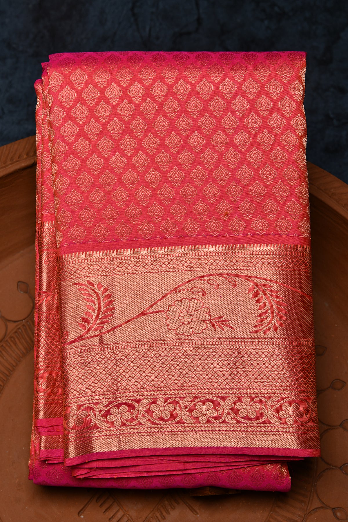 Floral Border With Buttis Watermelon Pink Kanchipuram Silk Saree