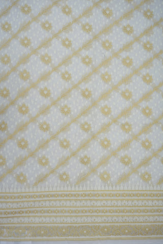 Diagonal Pattern Floral Design White Banarasi Cotton Saree