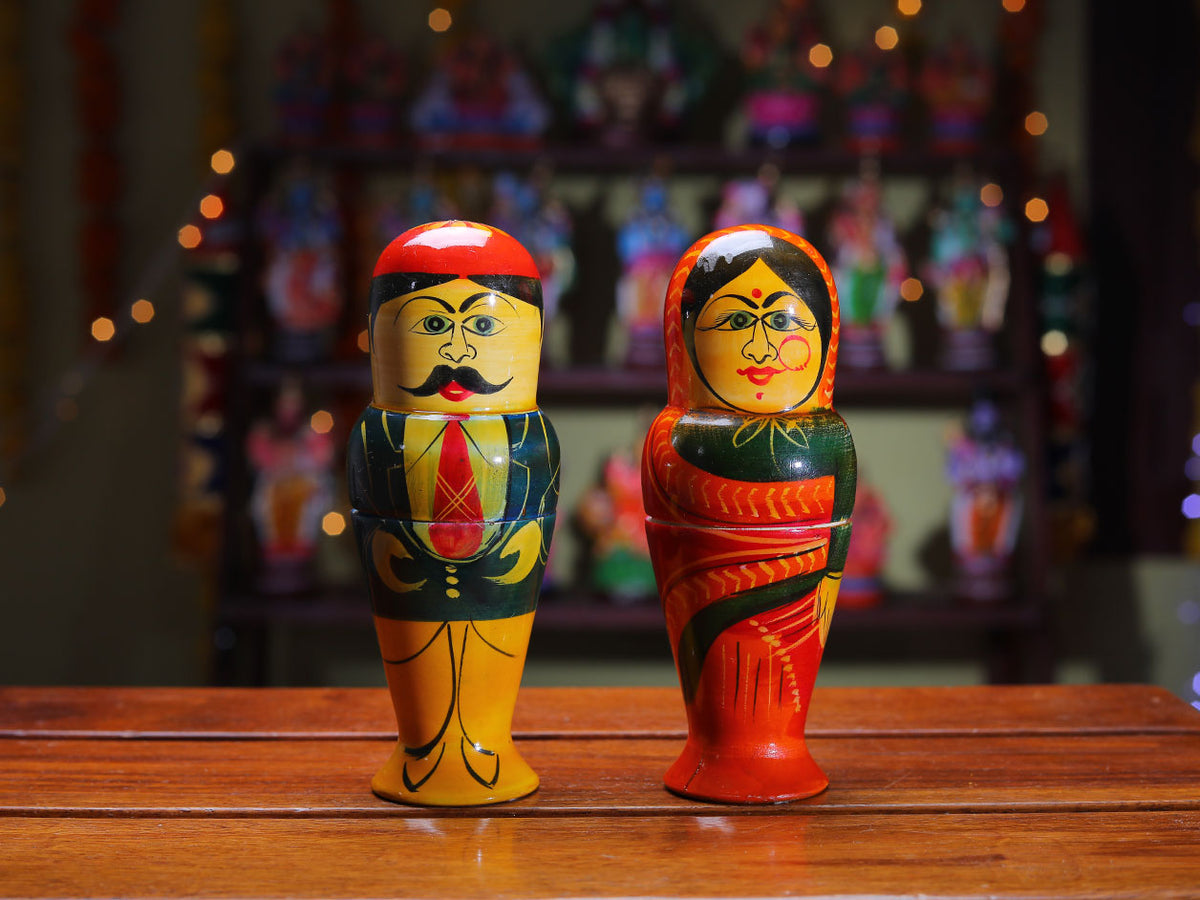 Handpainted Wooden Traditional Colorful Couple Dolls Channapatna Toys Set For Kids