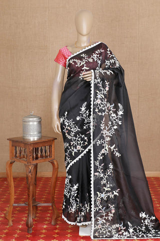 Embroidered With Beads Work Black Organza Saree