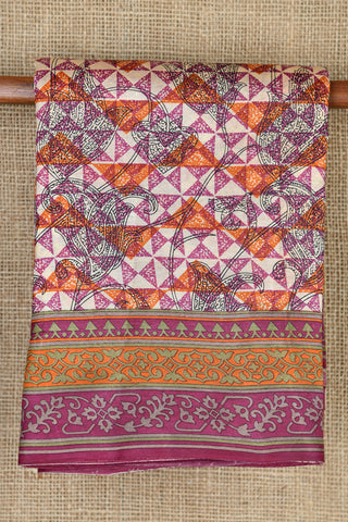 Geometric And Floral Design Digital Printed Mauve Purple Raw Silk Saree