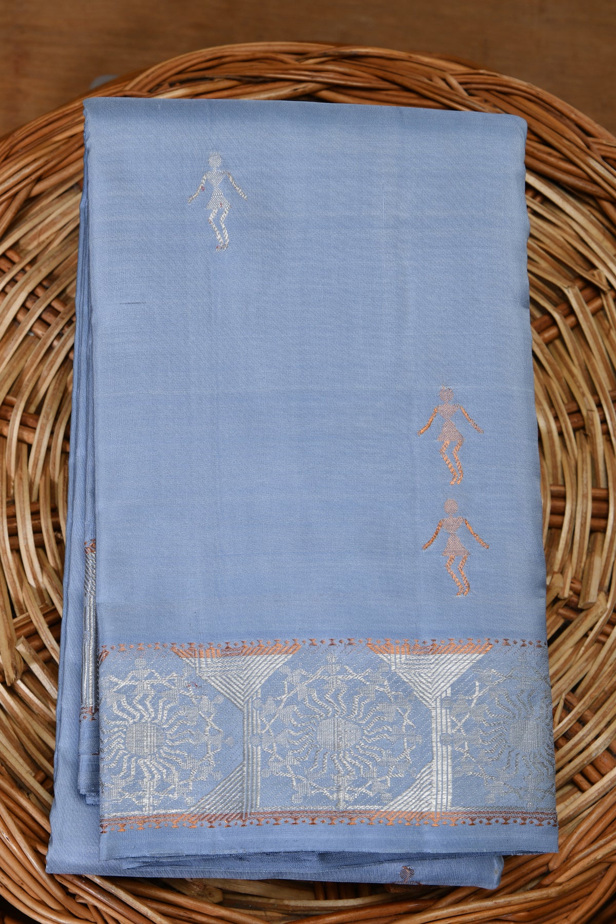 Warli Art Pattern Pastel Blue Kanchipuram Silk Saree