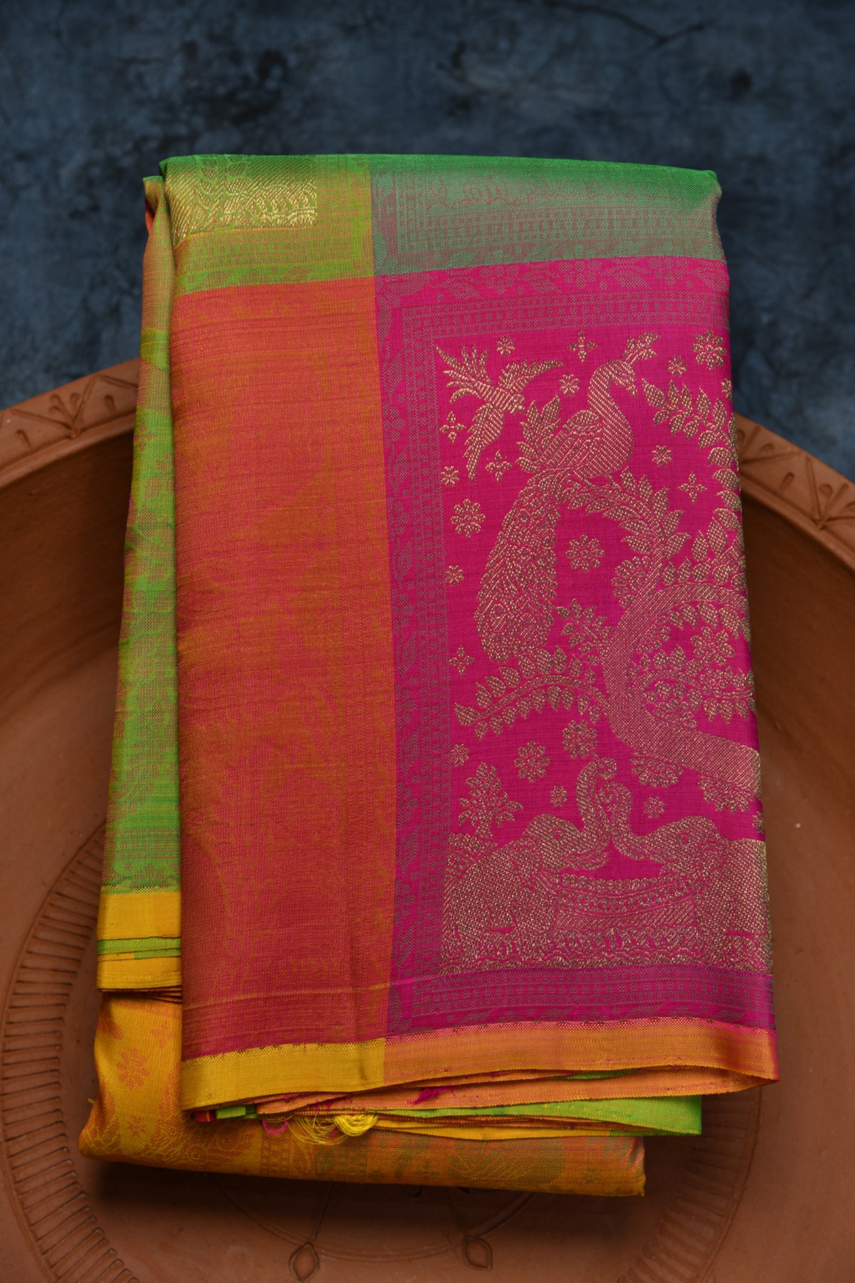 Thread And Gold Zari Design Multicolor Kanchipuram Silk Saree